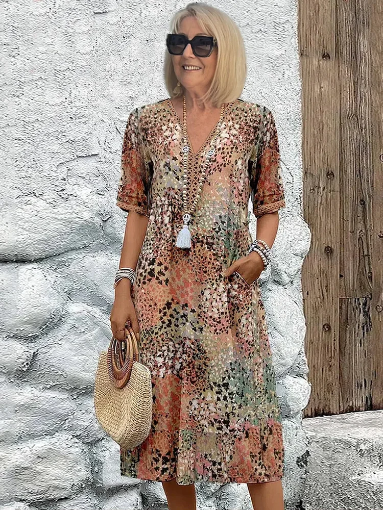 Colorful Midi Dress with Functional Pockets
