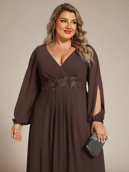 V-Neck Long Sleeve Chiffon Evening Dress
