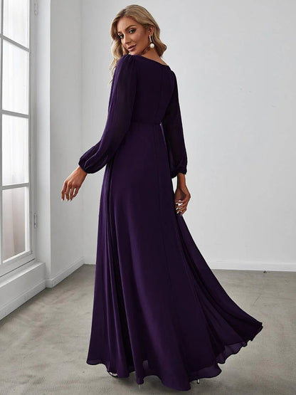 V-Neck Long Sleeve Chiffon Evening Dress