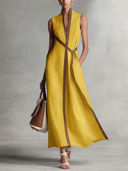 Sleeveless Minimalist Maxi Dress with Crossed Waist Ties