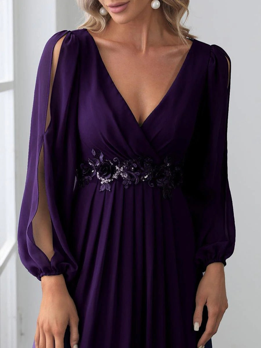 V-Neck Long Sleeve Chiffon Evening Dress