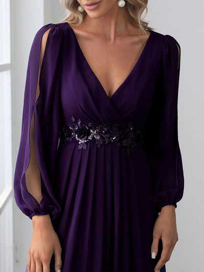 V-Neck Long Sleeve Chiffon Evening Dress