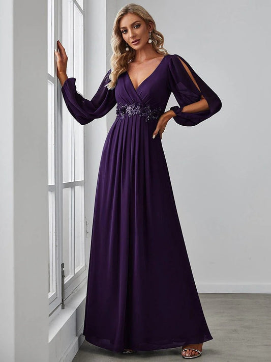 V-Neck Long Sleeve Chiffon Evening Dress