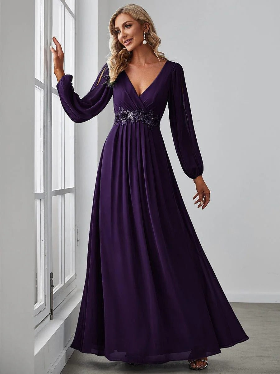 V-Neck Long Sleeve Chiffon Evening Dress