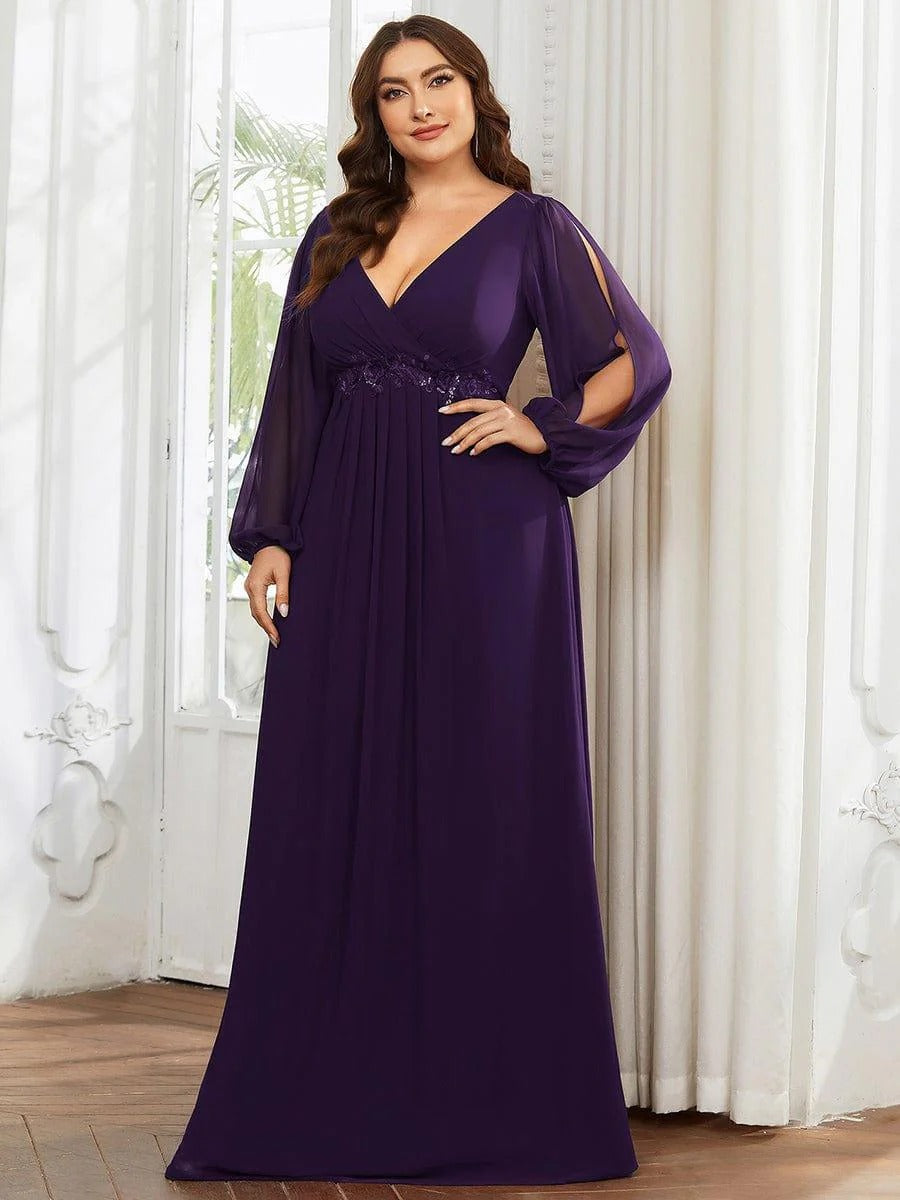 V-Neck Long Sleeve Chiffon Evening Dress