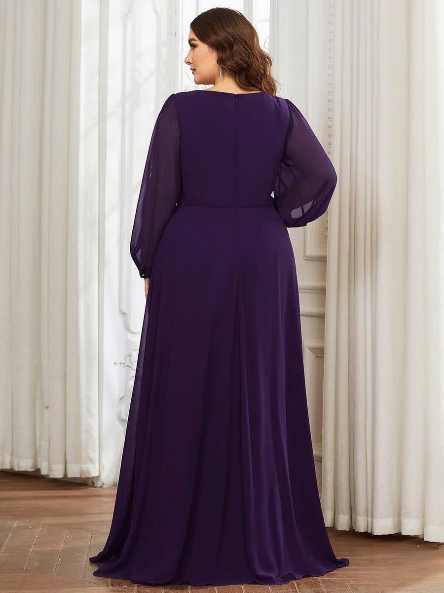 V-Neck Long Sleeve Chiffon Evening Dress