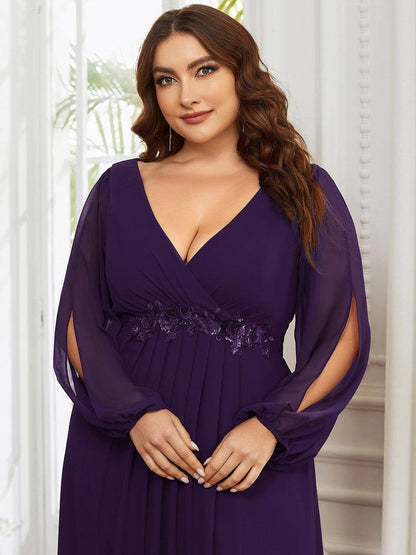 V-Neck Long Sleeve Chiffon Evening Dress
