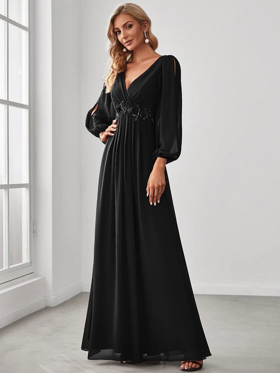 V-Neck Long Sleeve Chiffon Evening Dress