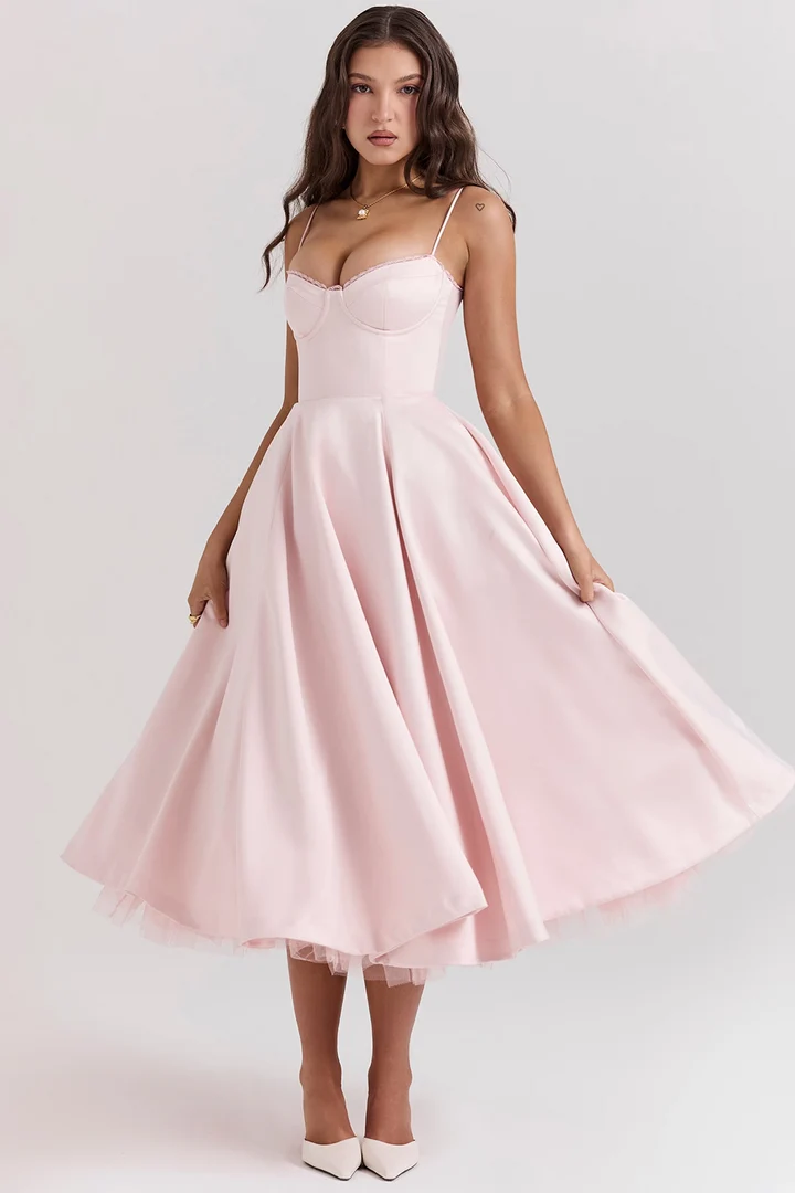Bustier Midi Dress with Lace Trim and Full Skirt