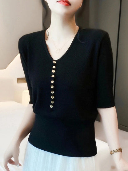 Women's V-Neck Button Knitted Top