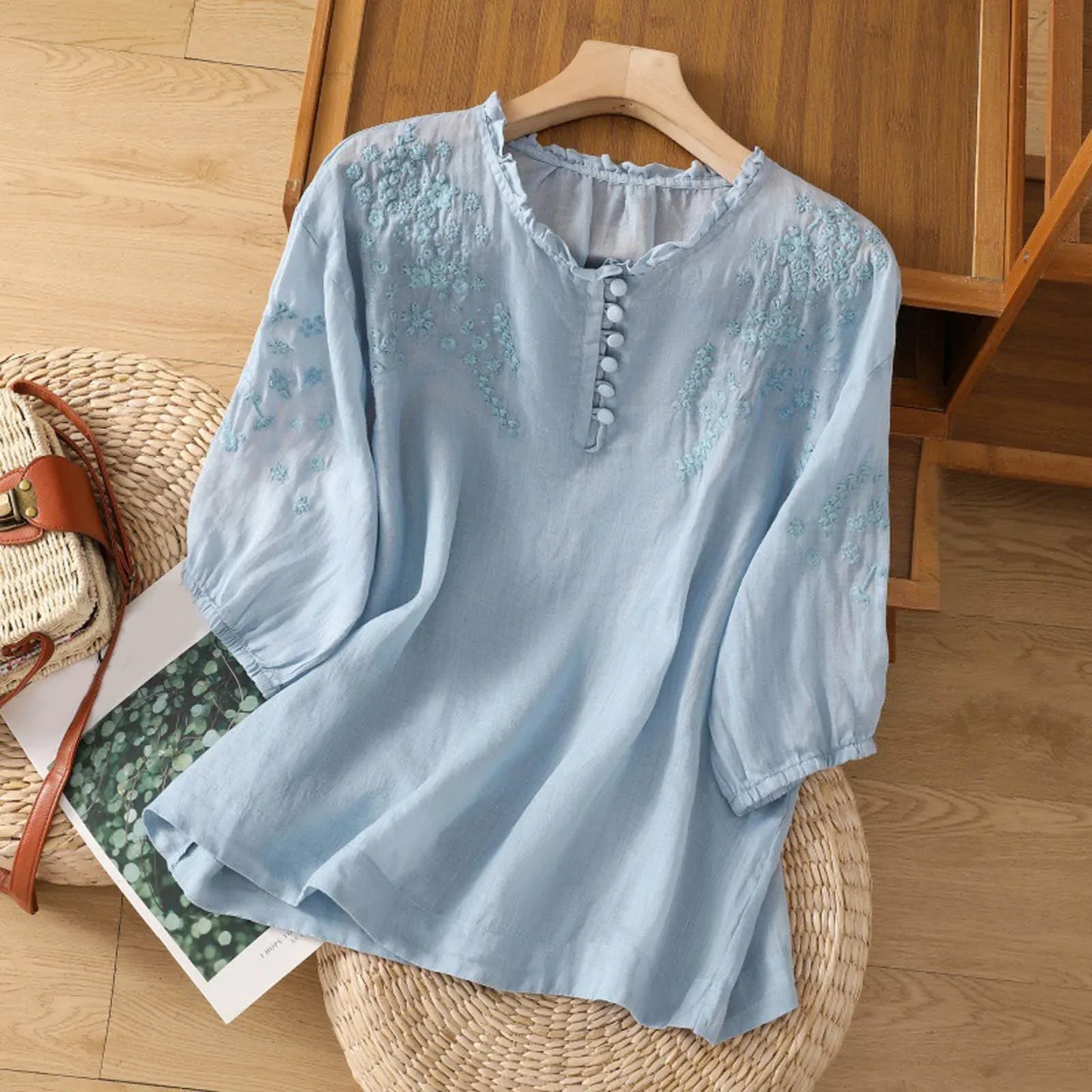 Embroidered Button-Front Blouse with Artisan Detail