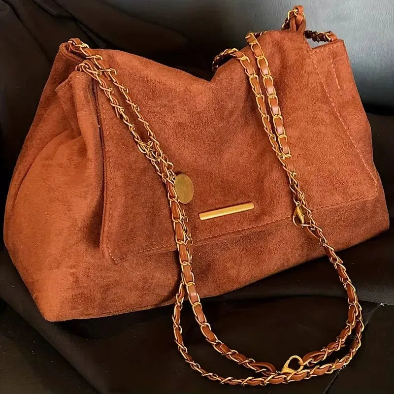 Faux Suede Handbag with Gold Chain Strap