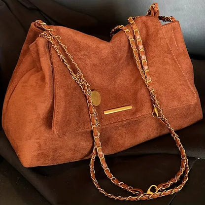 Faux Suede Handbag with Gold Chain Strap