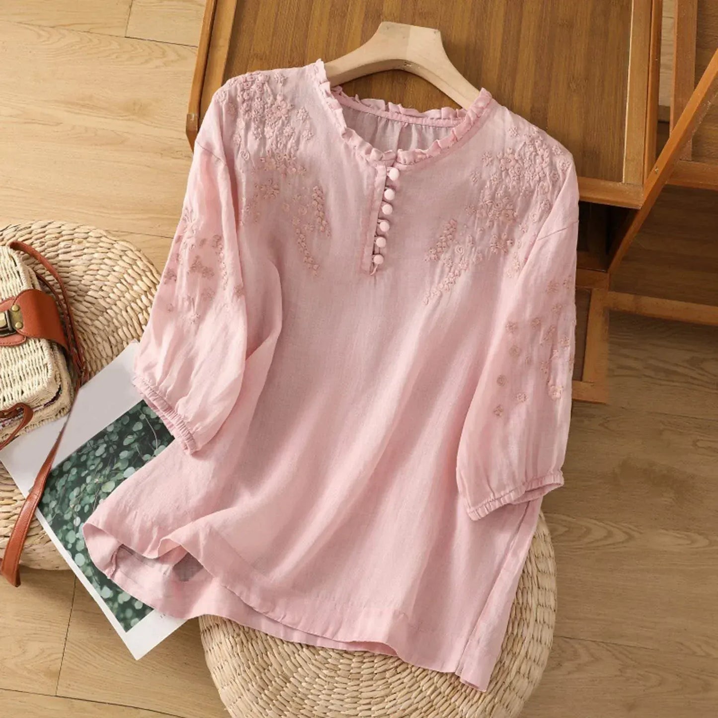 Embroidered Button-Front Blouse with Artisan Detail