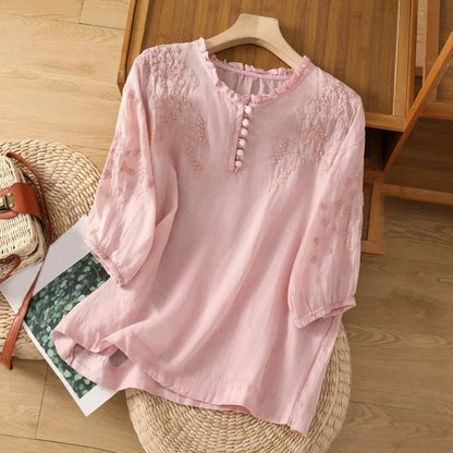 Embroidered Button-Front Blouse with Artisan Detail