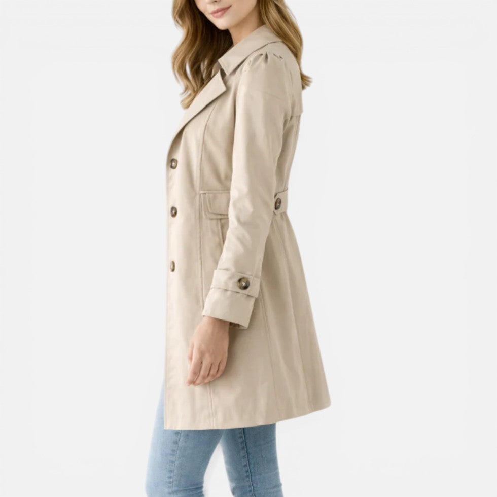 Trench Coat Womens Knee Length Button Up Lapel Collar Lightweight