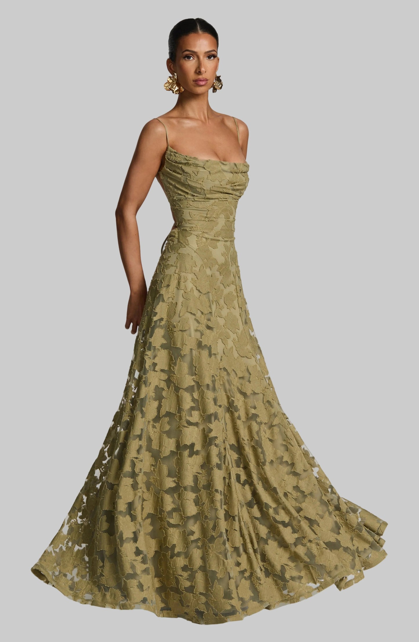 Floral Waterfall Neck Maxi Dress with Lace-Up Back