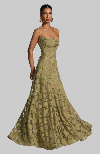 Floral Waterfall Neck Maxi Dress with Lace-Up Back