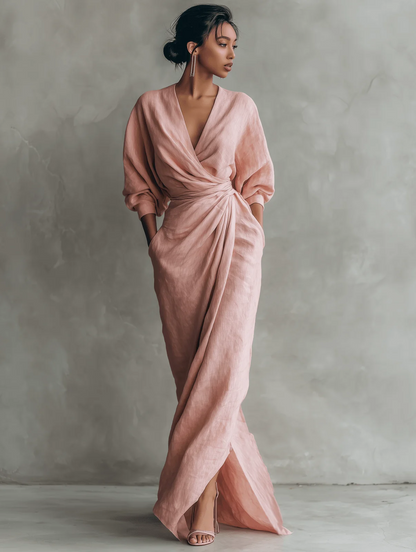 Sleeveless Linen Blend V-Neck Maxi Dress