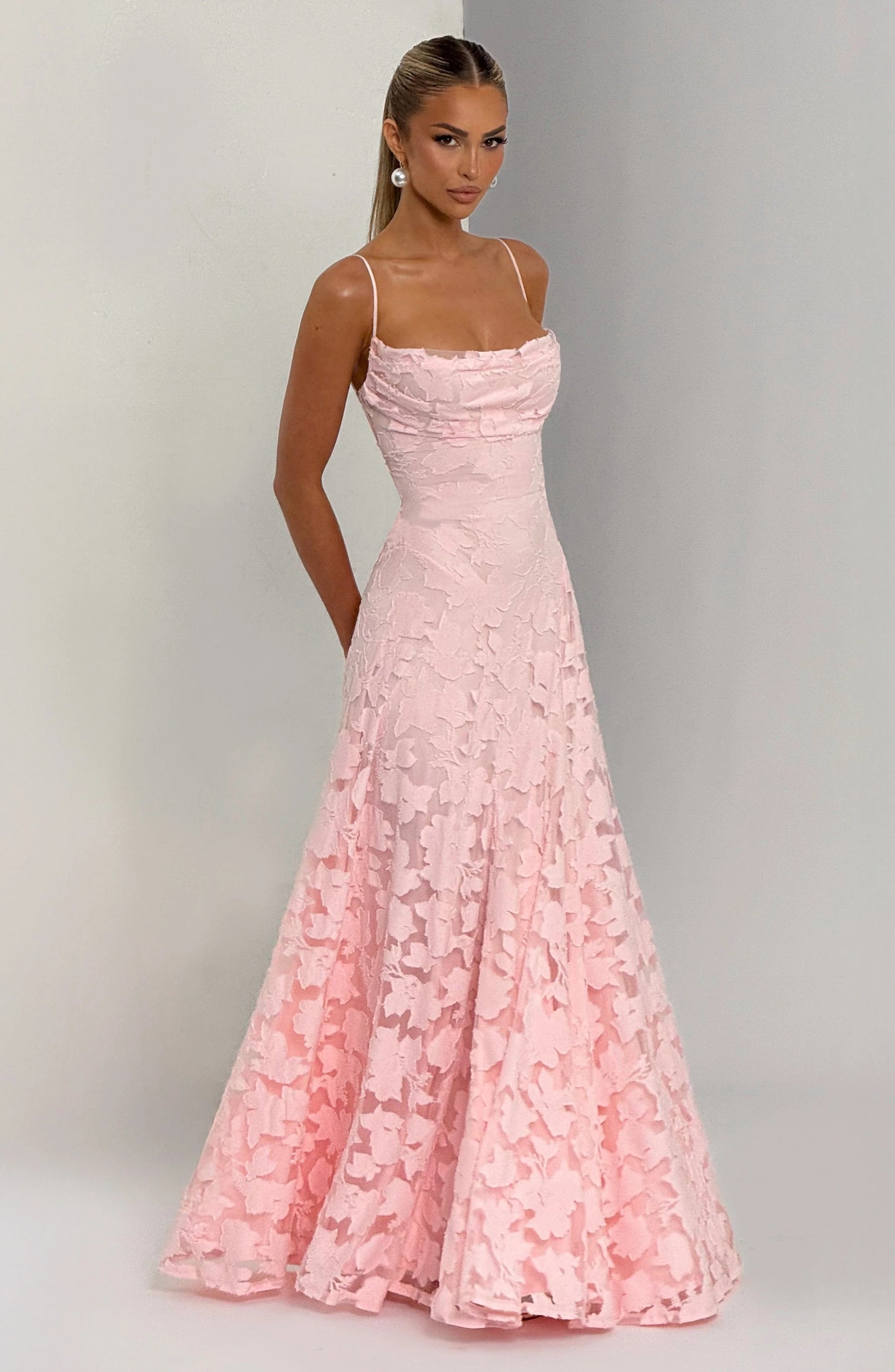 Floral Waterfall Neck Maxi Dress with Lace-Up Back