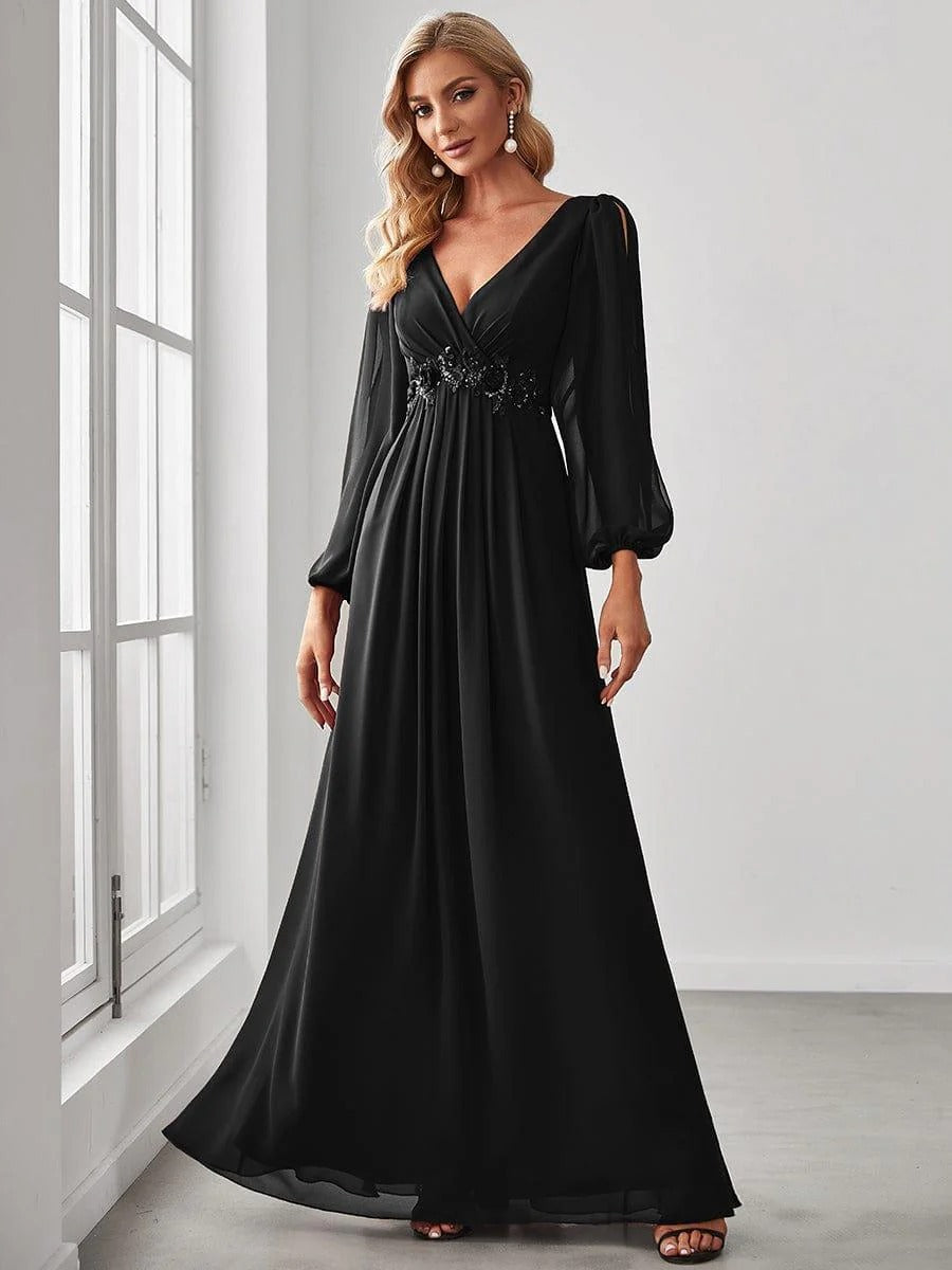 V-Neck Long Sleeve Chiffon Evening Dress