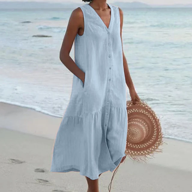 Women's V-Neck Summer Dress with Pockets