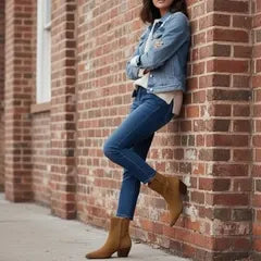 Western Ankle Boots in Suede with Wooden Block Heel