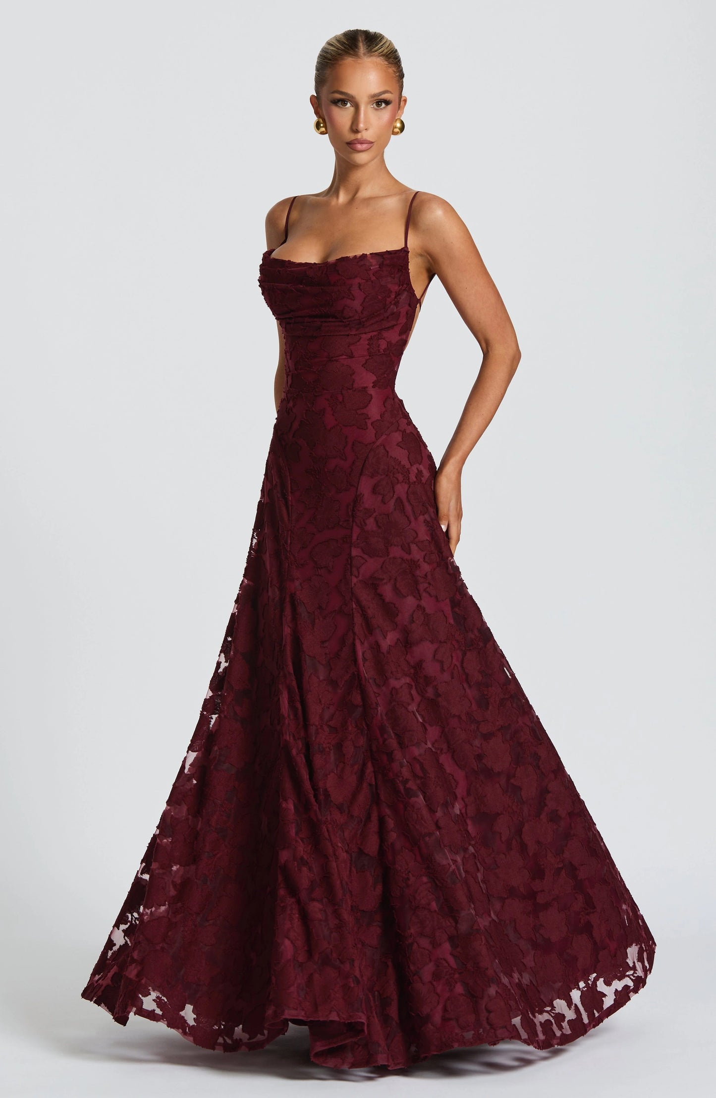 Floral Waterfall Neck Maxi Dress with Lace-Up Back