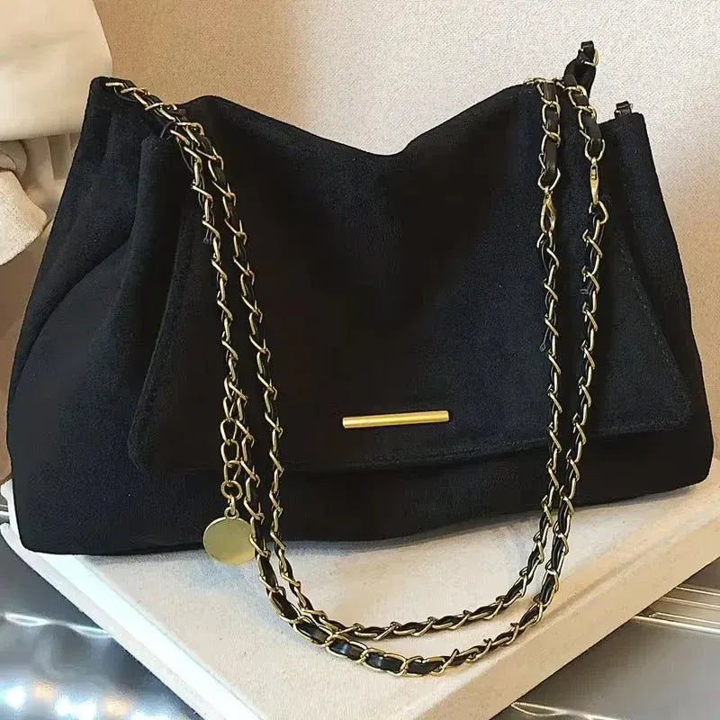 Faux Suede Handbag with Gold Chain Strap