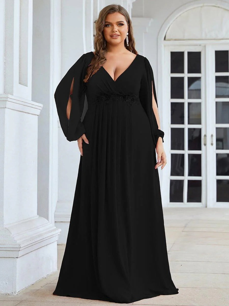 V-Neck Long Sleeve Chiffon Evening Dress