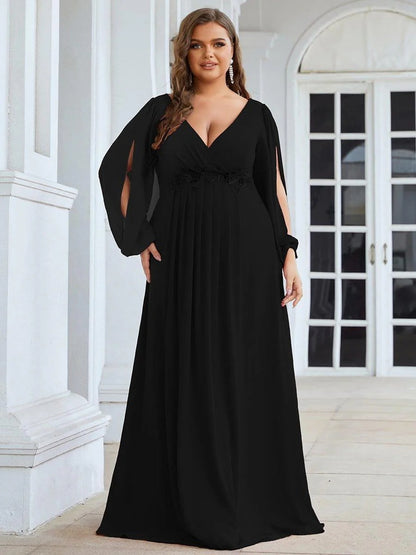 V-Neck Long Sleeve Chiffon Evening Dress
