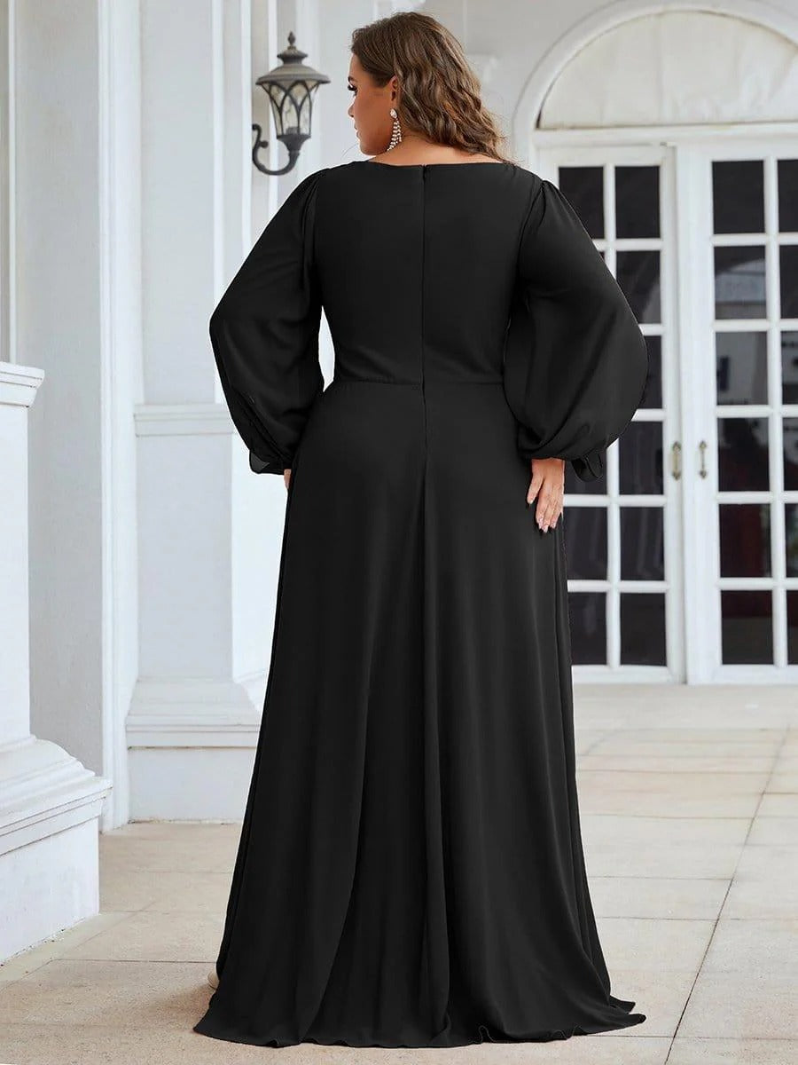V-Neck Long Sleeve Chiffon Evening Dress