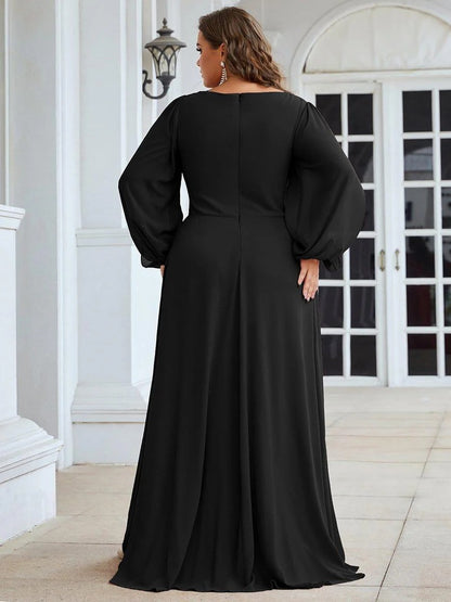 V-Neck Long Sleeve Chiffon Evening Dress