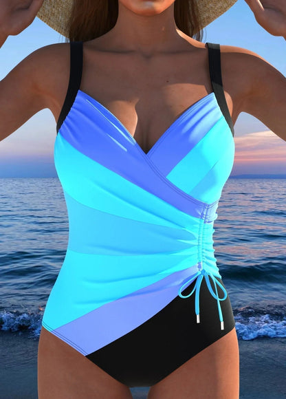 Women's Wrap V-Neck Neon Stripe Swimsuit