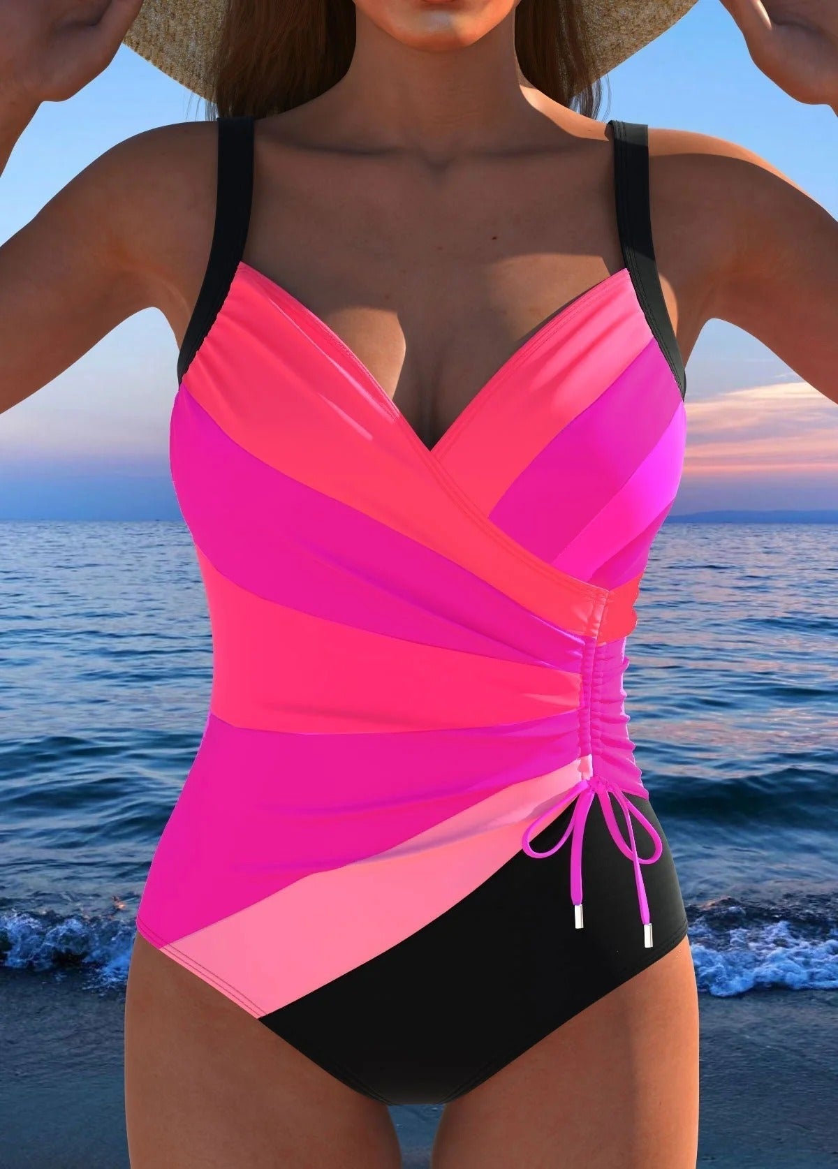 Women's Wrap V-Neck Neon Stripe Swimsuit