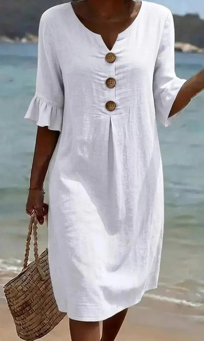 Women's Summer Midi Dress | Linen Look with Wooden Buttons & Ruffled Sleeves
