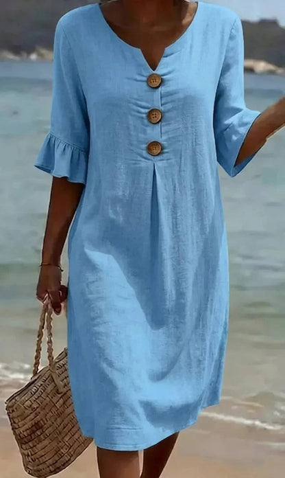 Women's Summer Midi Dress | Linen Look with Wooden Buttons & Ruffled Sleeves