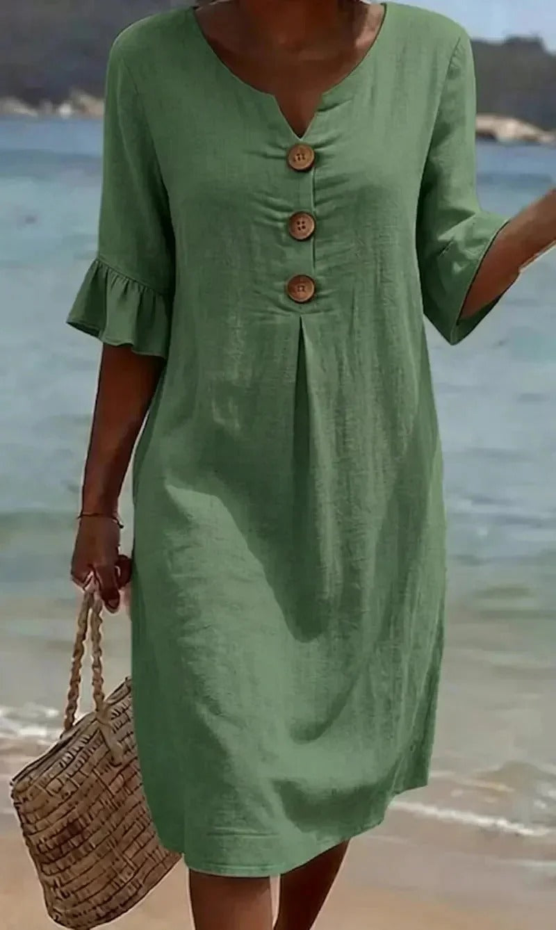 Women's Summer Midi Dress | Linen Look with Wooden Buttons & Ruffled Sleeves