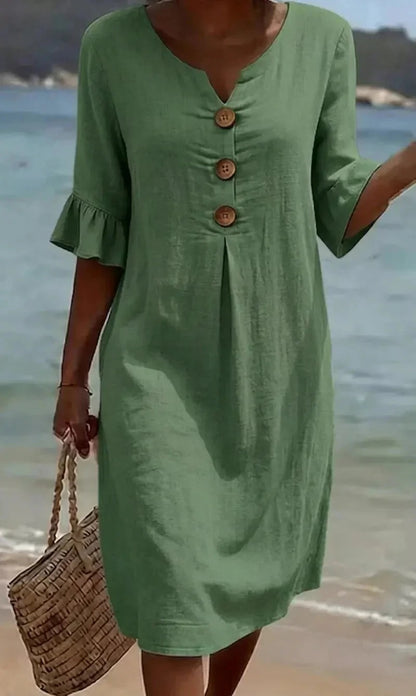 Women's Summer Midi Dress | Linen Look with Wooden Buttons & Ruffled Sleeves