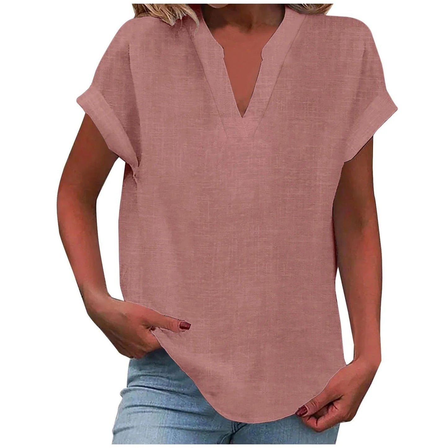 Relaxed V-Neck Blouse with Rolled Short Sleeves