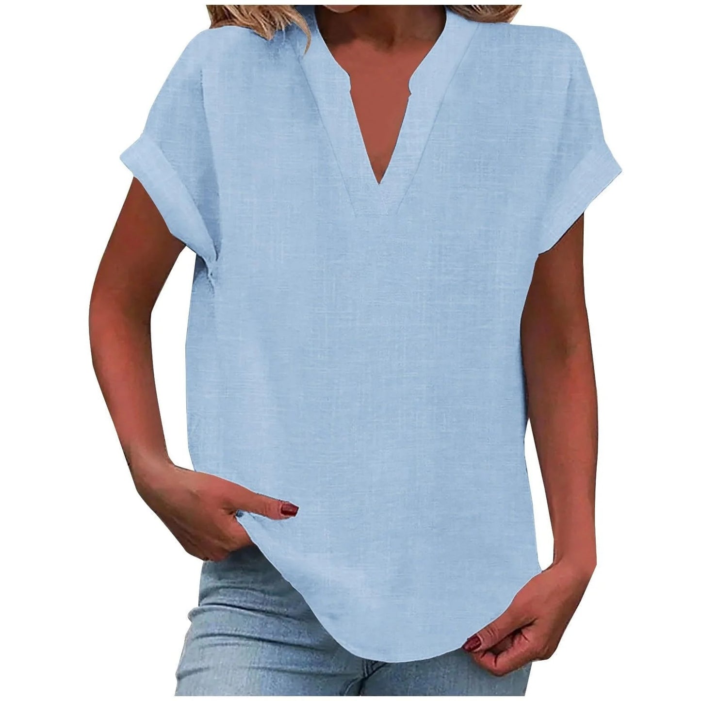 Relaxed V-Neck Blouse with Rolled Short Sleeves