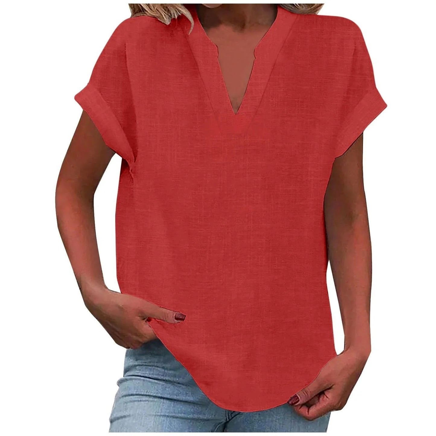 Relaxed V-Neck Blouse with Rolled Short Sleeves