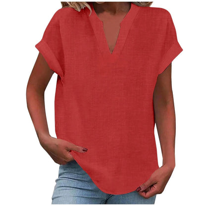 Relaxed V-Neck Blouse with Rolled Short Sleeves