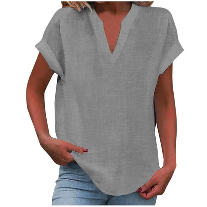 Relaxed V-Neck Blouse with Rolled Short Sleeves