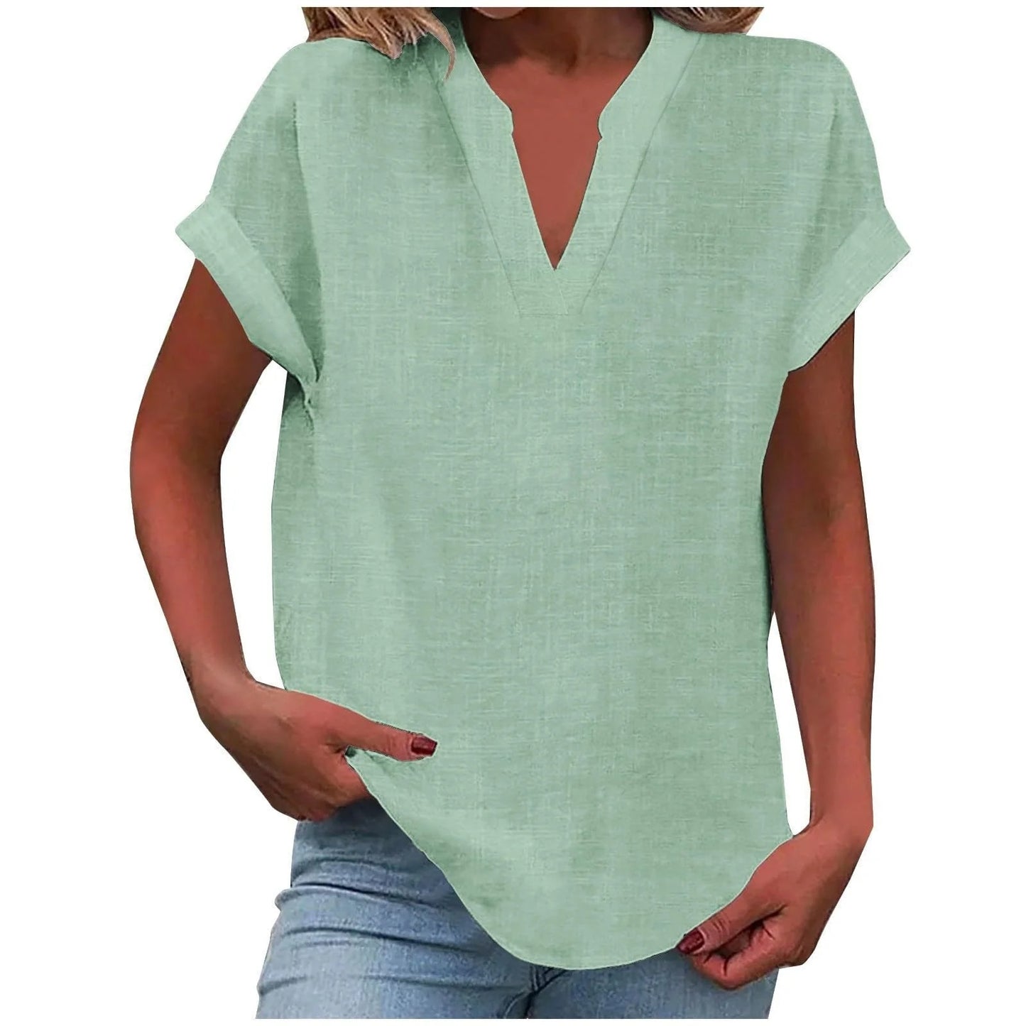 Relaxed V-Neck Blouse with Rolled Short Sleeves