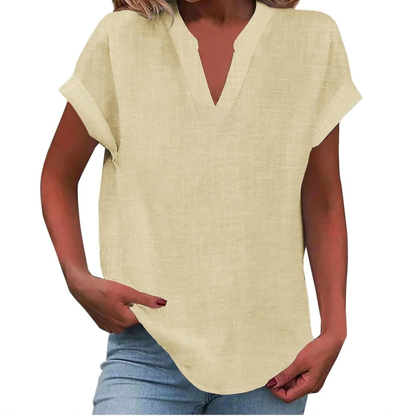 Relaxed V-Neck Blouse with Rolled Short Sleeves