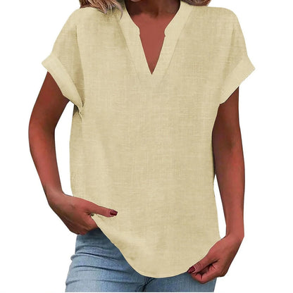 Relaxed V-Neck Blouse with Rolled Short Sleeves