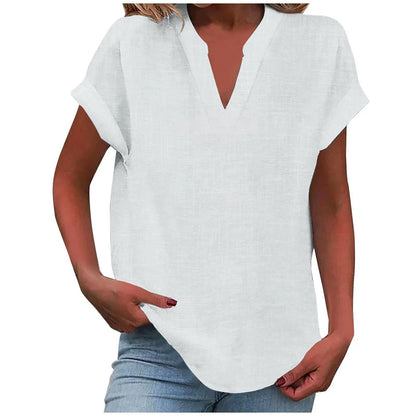 Relaxed V-Neck Blouse with Rolled Short Sleeves
