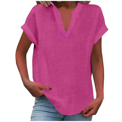 Relaxed V-Neck Blouse with Rolled Short Sleeves