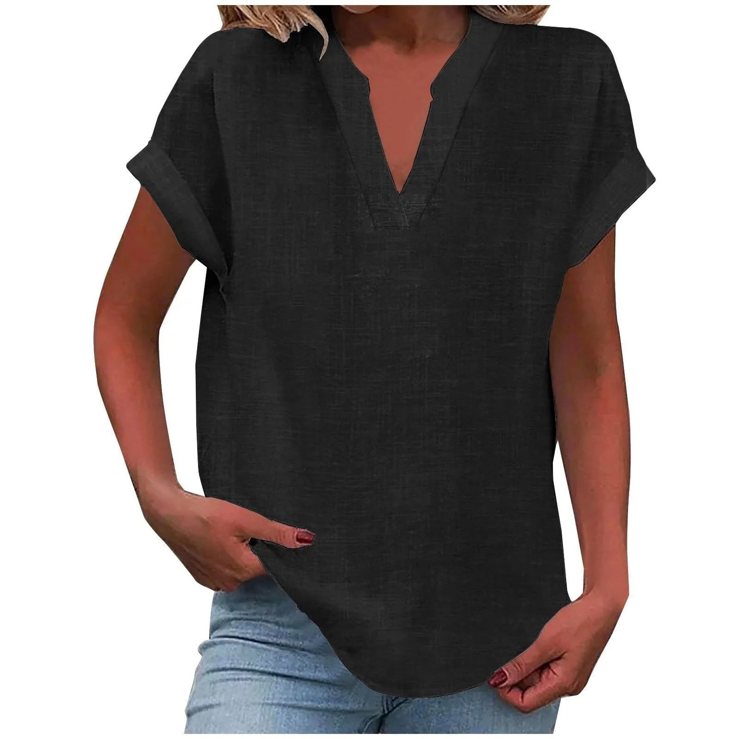 Relaxed V-Neck Blouse with Rolled Short Sleeves